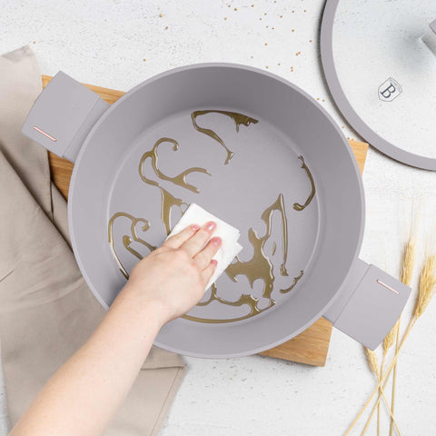 Product image of Casserole with lid 28cm. Part of the Taupe Collection . Features: • Material: forged aluminum with non-stick titanPro coating • Casserole with lid Ø28*12,4 cm 6,1L • Color: matt taupe REGISTERED DESIGN BY BERLINGE.... (Studio view). Official Berlinger Haus product, boosted by Promintra sl.