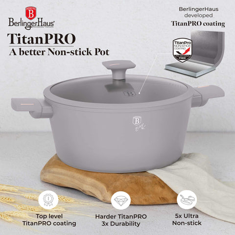 Product image of Casserole with lid 28cm. Part of the Taupe Collection . Features: • Material: forged aluminum with non-stick titanPro coating • Casserole with lid Ø28*12,4 cm 6,1L • Color: matt taupe REGISTERED DESIGN BY BERLINGE.... (Studio view). Official Berlinger Haus product, boosted by Promintra sl.