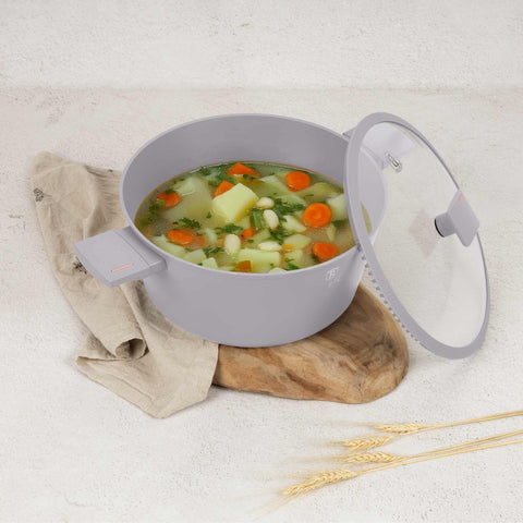 Product image of Casserole with lid 28cm. Part of the Taupe Collection . Features: • Material: forged aluminum with non-stick titanPro coating • Casserole with lid Ø28*12,4 cm 6,1L • Color: matt taupe REGISTERED DESIGN BY BERLINGE.... (Studio view). Official Berlinger Haus product, boosted by Promintra sl.