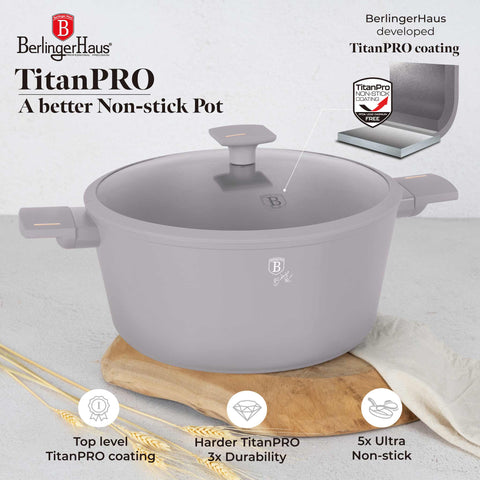 Product image of Casserole with lid 30cm. Part of the Taupe Collection . Features: • Material: forged aluminum with non-stick titanPro coating • Casserole with lid Ø30*13,5 cm 8L • Color: matt taupe REGISTERED DESIGN BY BERLINGER .... (Studio view). Official Berlinger Haus product, boosted by Promintra sl.