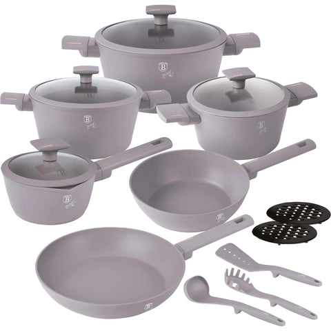 Juego de utensilios de cocina, ollas, juego de ollas, ollas y sartenes, juego de ollas y sartenes, juego, herramientas de cocina, cocina, utensilios de cocina, juego de utensilios de cocina de 15 piezas, gris topo mate, NUEVO, BH/8111