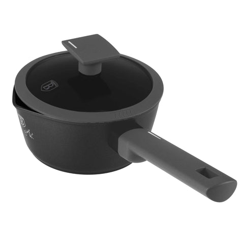 Product image of Sauce pan with lid 16cm. Part of the Anthracite Collection . Features: • Material: forged aluminum with non-stick titanPro coating • Sauce pan Ø16*7 cm 1,2L • Color: matt anthracite REGISTERED DESIGN BY BERLINGER HAUS!. (Studio view). Official Berlinger Haus product, boosted by Promintra sl.