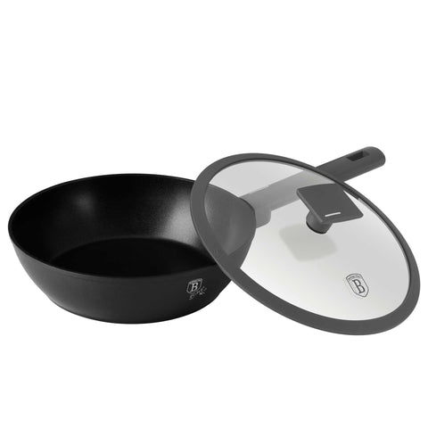 Product image of Deep frypan with lid 24cm. Part of the Anthracite Collection . Features: • Material: forged aluminum with non-stick titanPro coating • Deep frypan with lid Ø24*6,5 cm 2,3L • Color: matt anthracite REGISTERED DESIGN BY BE.... (Studio view). Official Berlinger Haus product, boosted by Promintra sl.
