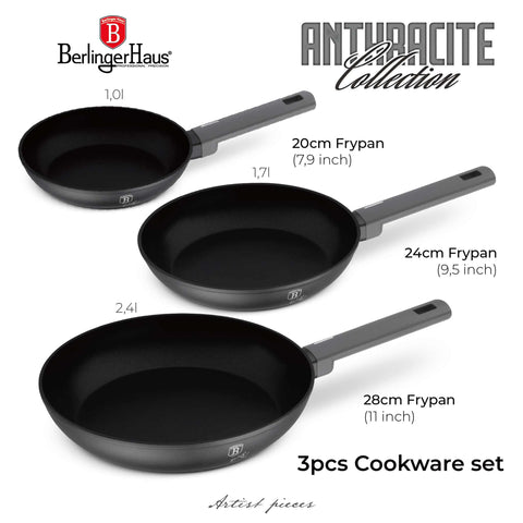 BH/8138, juego de 3 sartenes, antracita mate, juego de 3 sartenes a., sartén, juego de sartenes, sartén, juego de sartenes, utensilios de cocina, cocina, sartenes, juego de sartenes