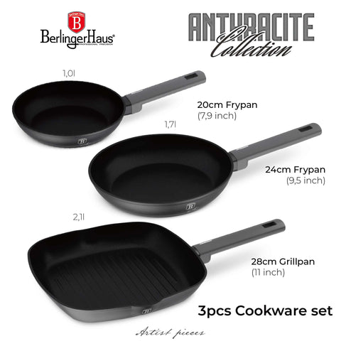 Product image of 3pcs frypan set. Part of the Anthracite Collection . Features: • Material: forged aluminum with non-stick titanPro coating • Include: • Frypan Ø20*4,5 cm 1,0L • Frypan Ø24*4,8 cm 1,7L • Grill pan Ø28*4,1 cm 2,1.... (Studio view). Official Berlinger Haus product, boosted by Promintra sl.