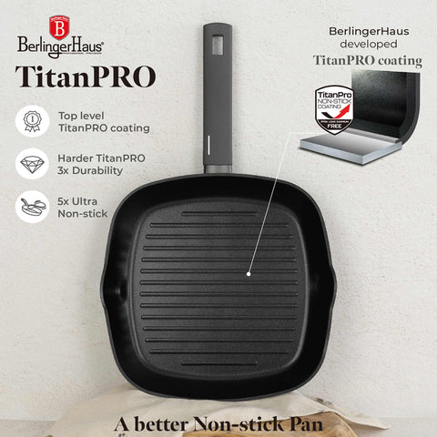 Product image of 3pcs frypan set. Part of the Anthracite Collection . Features: • Material: forged aluminum with non-stick titanPro coating • Include: • Frypan Ø20*4,5 cm 1,0L • Frypan Ø24*4,8 cm 1,7L • Grill pan Ø28*4,1 cm 2,1.... (Studio view). Official Berlinger Haus product, boosted by Promintra sl.