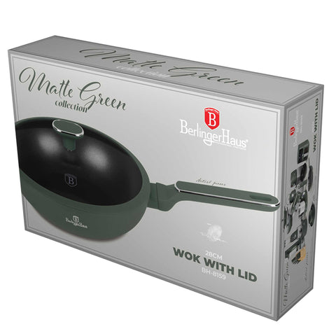 BH/8159, Wok con tapa 28cm, Verde Mate, Wok de 28 cm con tapa, Nuevo diseño de mango, Wok, Wok con tapa, Batería de cocina, Cocinar, Sartenes