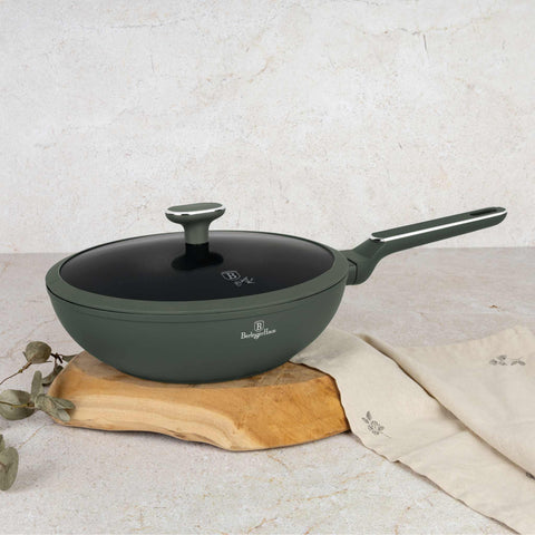  BH/8159, Wok con tapa 28cm, Verde Mate, Wok de 28 cm con tapa, Nuevo diseño de mango, Wok, Wok con tapa, Batería de cocina, Cocinar, Sartenes