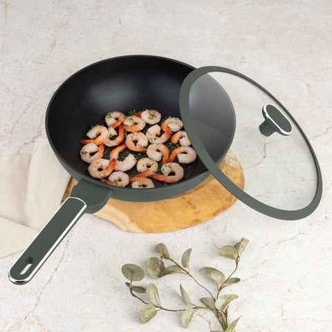  BH/8159, Wok con tapa 28cm, Verde Mate, Wok de 28 cm con tapa, Nuevo diseño de mango, Wok, Wok con tapa, Batería de cocina, Cocinar, Sartenes
