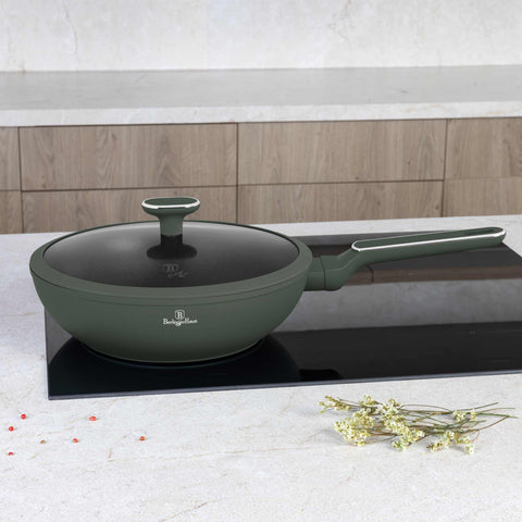  BH/8159, Wok con tapa 28cm, Verde Mate, Wok de 28 cm con tapa, Nuevo diseño de mango, Wok, Wok con tapa, Batería de cocina, Cocinar, Sartenes