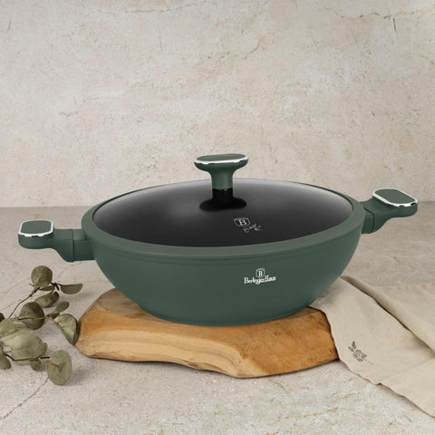 BH/8160, Wok con tapa 30cm, Verde Mate, Wok 30 cm con tapa, nuevo diseño de mango, Wok, Wok con tapa, Batería de cocina, Cocinar, Sartenes