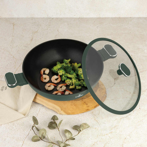 BH/8160, Wok con tapa 30cm, Verde Mate, Wok 30 cm con tapa, nuevo diseño de mango, Wok, Wok con tapa, Batería de cocina, Cocinar, Sartenes