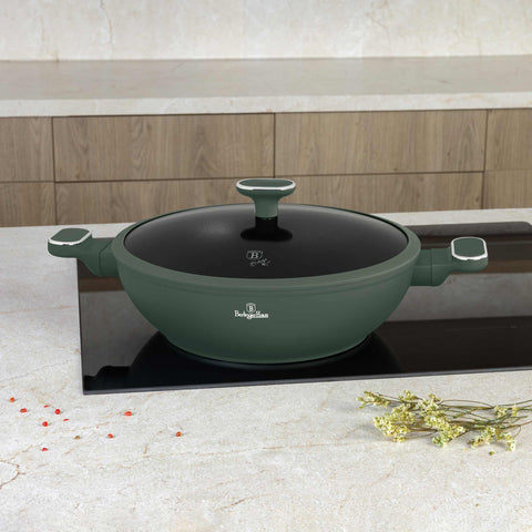 BH/8160, Wok con tapa 30cm, Verde Mate, Wok 30 cm con tapa, nuevo diseño de mango, Wok, Wok con tapa, Batería de cocina, Cocinar, Sartenes