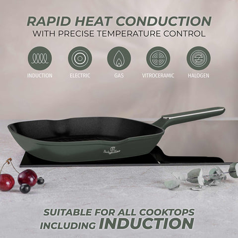 Product image of Grill pan 28cm. Part of the Matte Green Collection . Features: • Material: forged aluminum with non-stick titanPro coating • Grill pan Ø28*4,1 cm 2,1L • Color: matt green REGISTERED DESIGN BY BERLINGER HAUS!. (Studio view). Official Berlinger Haus product, boosted by Promintra sl.