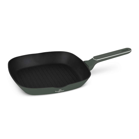 Product image of Grill pan 28cm. Part of the Matte Green Collection . Features: • Material: forged aluminum with non-stick titanPro coating • Grill pan Ø28*4,1 cm 2,1L • Color: matt green REGISTERED DESIGN BY BERLINGER HAUS!. (Studio view). Official Berlinger Haus product, boosted by Promintra sl.