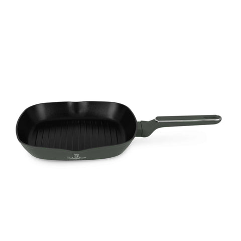Product image of Grill pan 28cm. Part of the Matte Green Collection . Features: • Material: forged aluminum with non-stick titanPro coating • Grill pan Ø28*4,1 cm 2,1L • Color: matt green REGISTERED DESIGN BY BERLINGER HAUS!. (Studio view). Official Berlinger Haus product, boosted by Promintra sl.