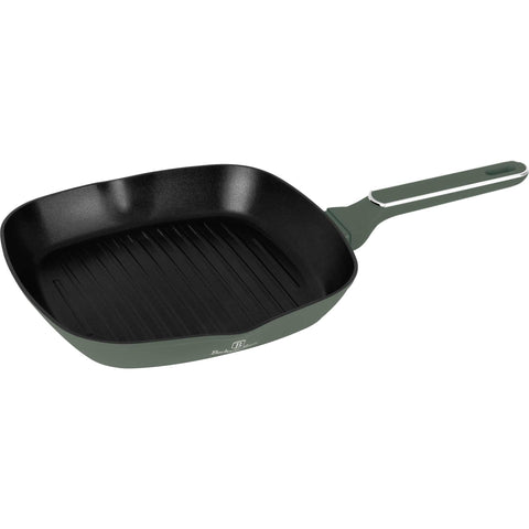 Product image of Grill pan 28cm. Part of the Matte Green Collection . Features: • Material: forged aluminum with non-stick titanPro coating • Grill pan Ø28*4,1 cm 2,1L • Color: matt green REGISTERED DESIGN BY BERLINGER HAUS!. (Studio view). Official Berlinger Haus product, boosted by Promintra sl.