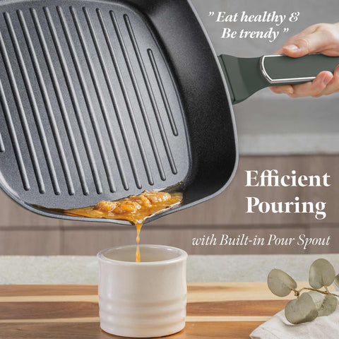 Product image of Grill pan 28cm. Part of the Matte Green Collection . Features: • Material: forged aluminum with non-stick titanPro coating • Grill pan Ø28*4,1 cm 2,1L • Color: matt green REGISTERED DESIGN BY BERLINGER HAUS!. (Studio view). Official Berlinger Haus product, boosted by Promintra sl.