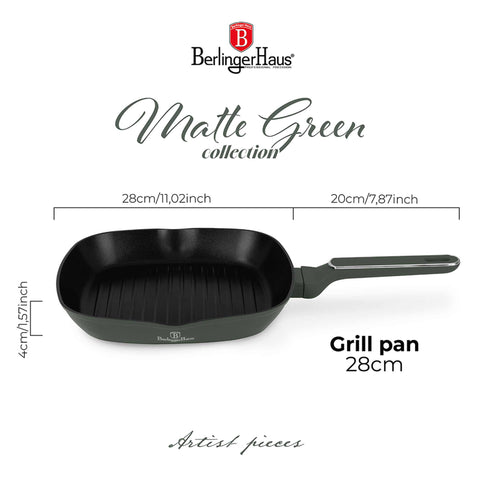 Product image of Grill pan 28cm. Part of the Matte Green Collection . Features: • Material: forged aluminum with non-stick titanPro coating • Grill pan Ø28*4,1 cm 2,1L • Color: matt green REGISTERED DESIGN BY BERLINGER HAUS!. (Studio view). Official Berlinger Haus product, boosted by Promintra sl.