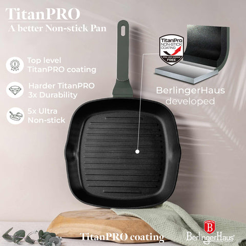 Product image of Grill pan 28cm. Part of the Matte Green Collection . Features: • Material: forged aluminum with non-stick titanPro coating • Grill pan Ø28*4,1 cm 2,1L • Color: matt green REGISTERED DESIGN BY BERLINGER HAUS!. (Studio view). Official Berlinger Haus product, boosted by Promintra sl.