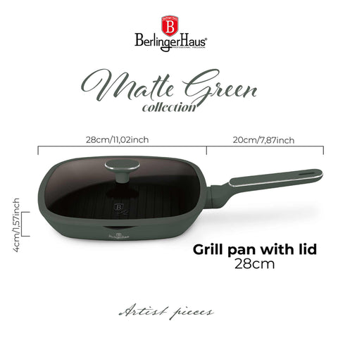  BH/8162, Sartén grill con tapa 28cm, Verde Mate, Sartén grill 28 cm con tapa, Nuevo diseño de mango, Sartén, Sartén, Sartén grill, Sartén grill con tapa, Batería de cocina, Cocina, Sartenes