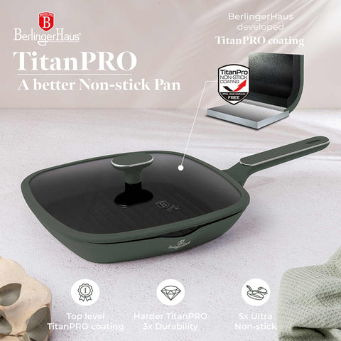  BH/8162, Sartén grill con tapa 28cm, Verde Mate, Sartén grill 28 cm con tapa, Nuevo diseño de mango, Sartén, Sartén, Sartén grill, Sartén grill con tapa, Batería de cocina, Cocina, Sartenes