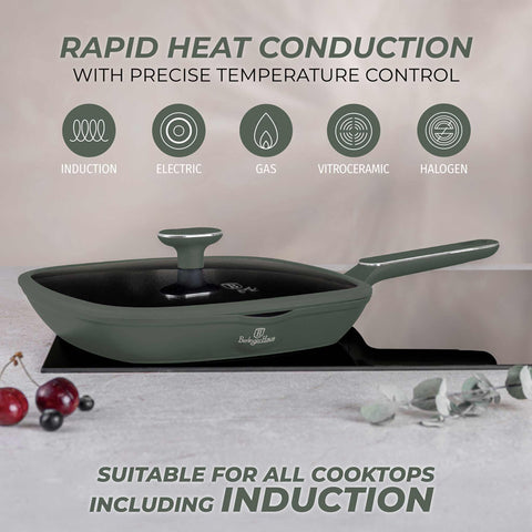  BH/8162, Sartén grill con tapa 28cm, Verde Mate, Sartén grill 28 cm con tapa, Nuevo diseño de mango, Sartén, Sartén, Sartén grill, Sartén grill con tapa, Batería de cocina, Cocina, Sartenes