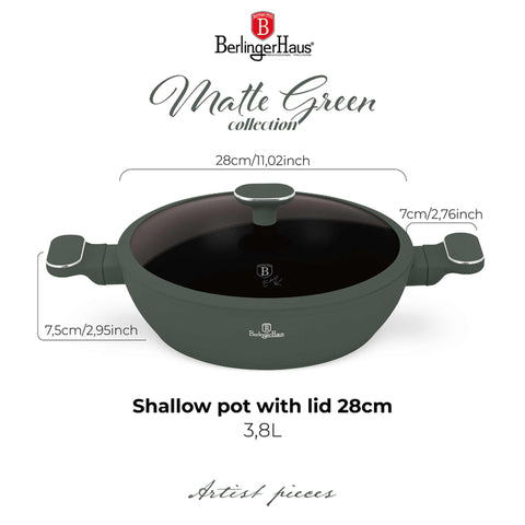 BH/8163, Olla baja con tapa de 28 cm, Verde mate, Olla baja de 28 cm, Nuevo diseño de asa, Olla baja, Olla baja con tapa, Olla, Utensilios de cocina, Cocina, Ollas y cazuelas