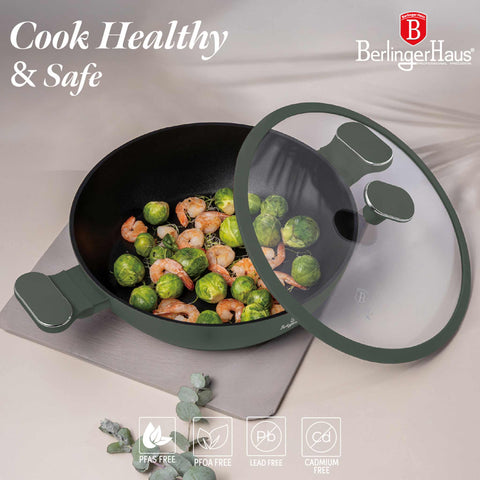 BH/8163, Olla baja con tapa de 28 cm, Verde mate, Olla baja de 28 cm, Nuevo diseño de asa, Olla baja, Olla baja con tapa, Olla, Utensilios de cocina, Cocina, Ollas y cazuelas