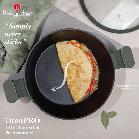 BH/8163, Olla baja con tapa de 28 cm, Verde mate, Olla baja de 28 cm, Nuevo diseño de asa, Olla baja, Olla baja con tapa, Olla, Utensilios de cocina, Cocina, Ollas y cazuelas