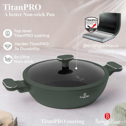 BH/8163, Olla baja con tapa de 28 cm, Verde mate, Olla baja de 28 cm, Nuevo diseño de asa, Olla baja, Olla baja con tapa, Olla, Utensilios de cocina, Cocina, Ollas y cazuelas