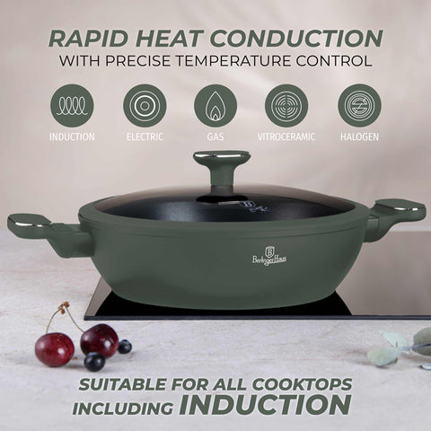 BH/8163, Olla baja con tapa de 28 cm, Verde mate, Olla baja de 28 cm, Nuevo diseño de asa, Olla baja, Olla baja con tapa, Olla, Utensilios de cocina, Cocina, Ollas y cazuelas