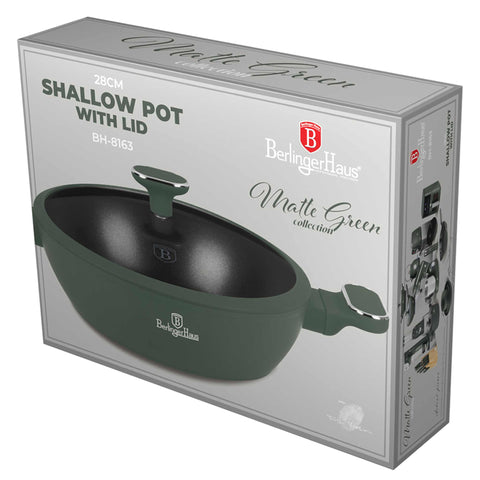 BH/8163, Olla baja con tapa de 28 cm, Verde mate, Olla baja de 28 cm, Nuevo diseño de asa, Olla baja, Olla baja con tapa, Olla, Utensilios de cocina, Cocina, Ollas y cazuelas