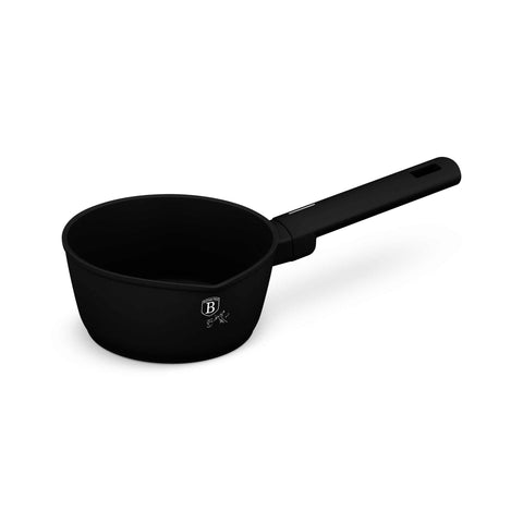 Product image of Sauce pan 16cm. Part of the Matte Black Collection . Features: • Material: forged aluminum with non-stick titanPro coating • Sauce pan Ø16*7 cm 1,2L • Color: black- silver REGISTERED DESIGN BY BERLINGER HAUS!. (Studio view). Official Berlinger Haus product, boosted by Promintra sl.