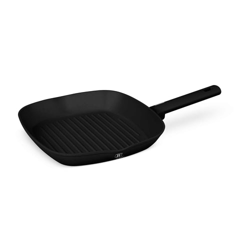 Product image of Grill pan 28cm. Part of the Matte Black Collection . Features: • Material: forged aluminum with non-stick titanPro coating • Grill pan Ø28*4,1 cm 2,1L • Color: black- silver REGISTERED DESIGN BY BERLINGER HAUS!. (Studio view). Official Berlinger Haus product, boosted by Promintra sl.
