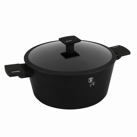 Product image of Casserole with lid 28cm. Part of the Matte Black Collection . Features: • Material: forged aluminum with non-stick titanPro coating • Casserole with lid Ø28*12,4 cm 6,1L • Color: black- silver REGISTERED DESIGN BY BERLI.... (Studio view). Official Berlinger Haus product, boosted by Promintra sl.
