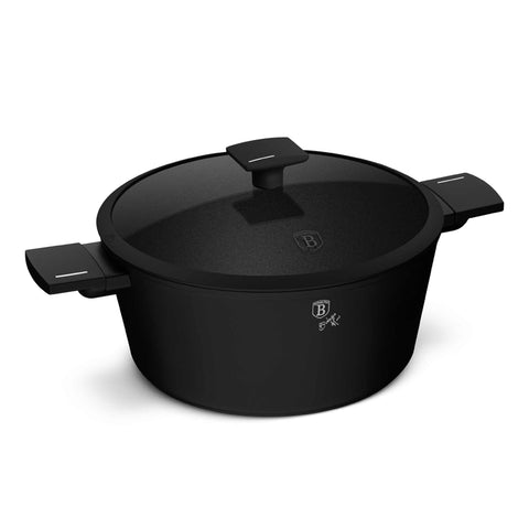 Product image of Casserole with lid 28cm. Part of the Matte Black Collection . Features: • Material: forged aluminum with non-stick titanPro coating • Casserole with lid Ø28*12,4 cm 6,1L • Color: black- silver REGISTERED DESIGN BY BERLI.... (Studio view). Official Berlinger Haus product, boosted by Promintra sl.