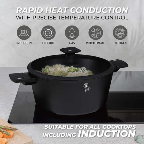 Product image of Casserole with lid 28cm. Part of the Matte Black Collection . Features: • Material: forged aluminum with non-stick titanPro coating • Casserole with lid Ø28*12,4 cm 6,1L • Color: black- silver REGISTERED DESIGN BY BERLI.... (Studio view). Official Berlinger Haus product, boosted by Promintra sl.