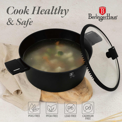 Product image of Casserole with lid 28cm. Part of the Matte Black Collection . Features: • Material: forged aluminum with non-stick titanPro coating • Casserole with lid Ø28*12,4 cm 6,1L • Color: black- silver REGISTERED DESIGN BY BERLI.... (Studio view). Official Berlinger Haus product, boosted by Promintra sl.