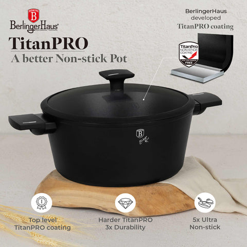 Product image of Casserole with lid 28cm. Part of the Matte Black Collection . Features: • Material: forged aluminum with non-stick titanPro coating • Casserole with lid Ø28*12,4 cm 6,1L • Color: black- silver REGISTERED DESIGN BY BERLI.... (Studio view). Official Berlinger Haus product, boosted by Promintra sl.