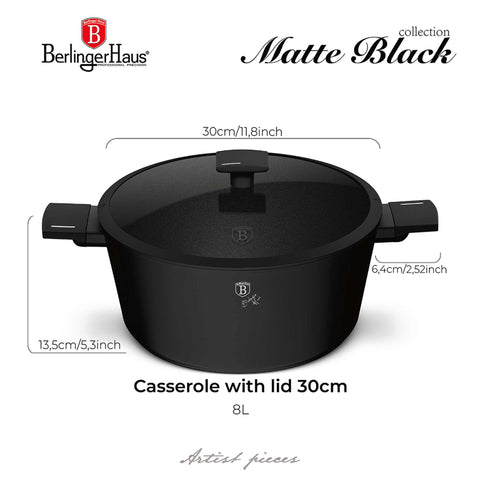 Product image of Casserole with lid 30cm. Part of the Matte Black Collection . Features: • Material: forged aluminum with non-stick titanPro coating • Casserole with lid Ø30*13,5 cm 8L • Color: black- silver REGISTERED DESIGN BY BERLING.... (Studio view). Official Berlinger Haus product, boosted by Promintra sl.