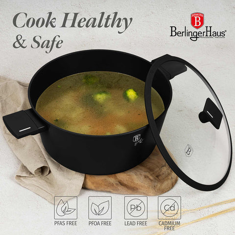 Product image of Casserole with lid 30cm. Part of the Matte Black Collection . Features: • Material: forged aluminum with non-stick titanPro coating • Casserole with lid Ø30*13,5 cm 8L • Color: black- silver REGISTERED DESIGN BY BERLING.... (Studio view). Official Berlinger Haus product, boosted by Promintra sl.