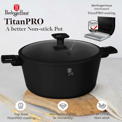 Product image of Casserole with lid 30cm. Part of the Matte Black Collection . Features: • Material: forged aluminum with non-stick titanPro coating • Casserole with lid Ø30*13,5 cm 8L • Color: black- silver REGISTERED DESIGN BY BERLING.... (Studio view). Official Berlinger Haus product, boosted by Promintra sl.