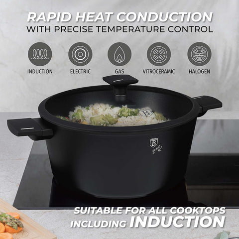 Product image of Casserole with lid 30cm. Part of the Matte Black Collection . Features: • Material: forged aluminum with non-stick titanPro coating • Casserole with lid Ø30*13,5 cm 8L • Color: black- silver REGISTERED DESIGN BY BERLING.... (Studio view). Official Berlinger Haus product, boosted by Promintra sl.