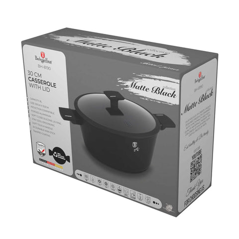 Product image of Casserole with lid 30cm. Part of the Matte Black Collection . Features: • Material: forged aluminum with non-stick titanPro coating • Casserole with lid Ø30*13,5 cm 8L • Color: black- silver REGISTERED DESIGN BY BERLING.... (Studio view). Official Berlinger Haus product, boosted by Promintra sl.
