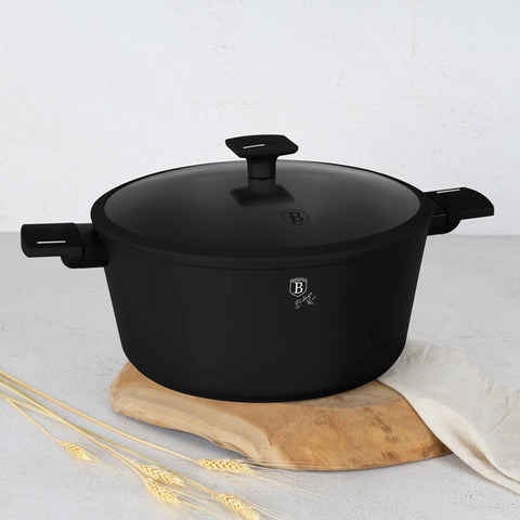 Product image of Casserole with lid 30cm. Part of the Matte Black Collection . Features: • Material: forged aluminum with non-stick titanPro coating • Casserole with lid Ø30*13,5 cm 8L • Color: black- silver REGISTERED DESIGN BY BERLING.... (Studio view). Official Berlinger Haus product, boosted by Promintra sl.