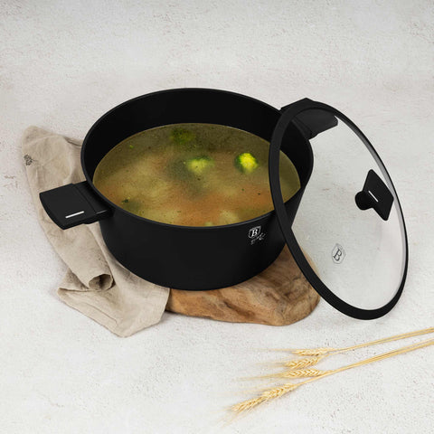 Product image of Casserole with lid 30cm. Part of the Matte Black Collection . Features: • Material: forged aluminum with non-stick titanPro coating • Casserole with lid Ø30*13,5 cm 8L • Color: black- silver REGISTERED DESIGN BY BERLING.... (Studio view). Official Berlinger Haus product, boosted by Promintra sl.