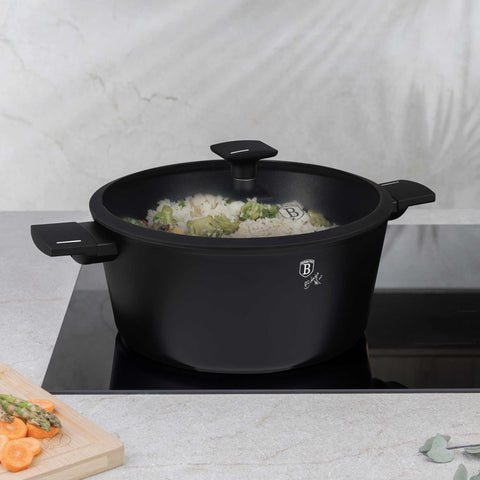 Product image of Casserole with lid 30cm. Part of the Matte Black Collection . Features: • Material: forged aluminum with non-stick titanPro coating • Casserole with lid Ø30*13,5 cm 8L • Color: black- silver REGISTERED DESIGN BY BERLING.... (Studio view). Official Berlinger Haus product, boosted by Promintra sl.
