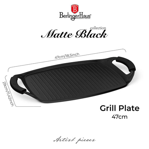  BH/8194, Plancha de parrilla 47cm, Negro mate, plancha de parrilla, parrilla, mango de silicona, Sartenes, Sartén de parrilla