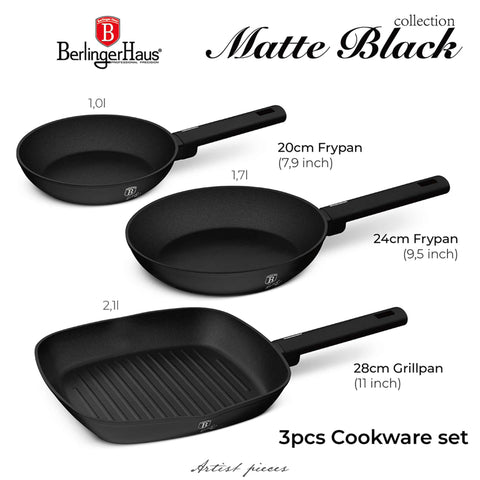  BH/8196, juego de 3 sartenes, negro, plateado, juego de 3 sartenes b., sartén, juego de sartenes, sartén, juego de sartenes, sartén para parrilla, utensilios de cocina, cocina, sartenes, juego de sartenes